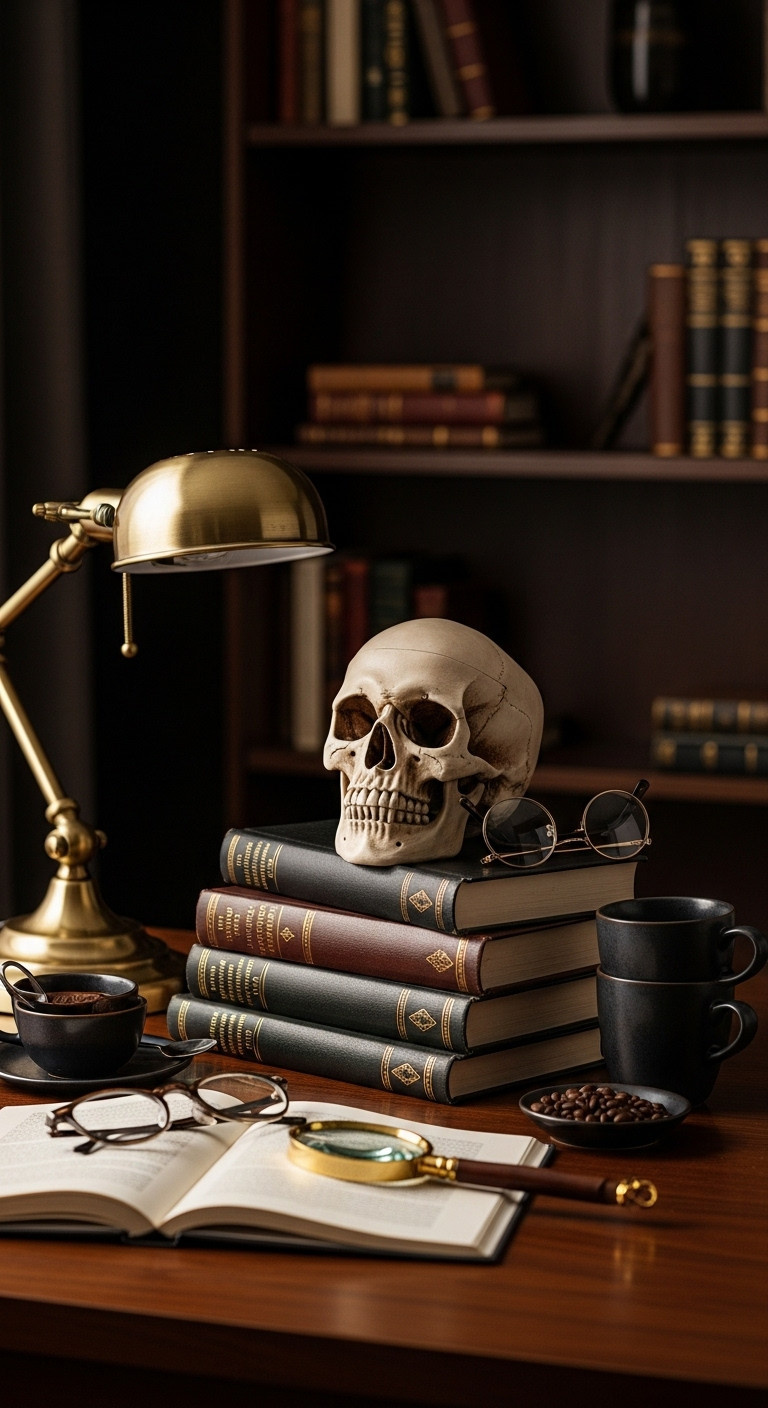 Dark Academia Scholar's Station vintage Halloween coffee bar with skull replica leather bound books brass lamp and ceramic mugs
