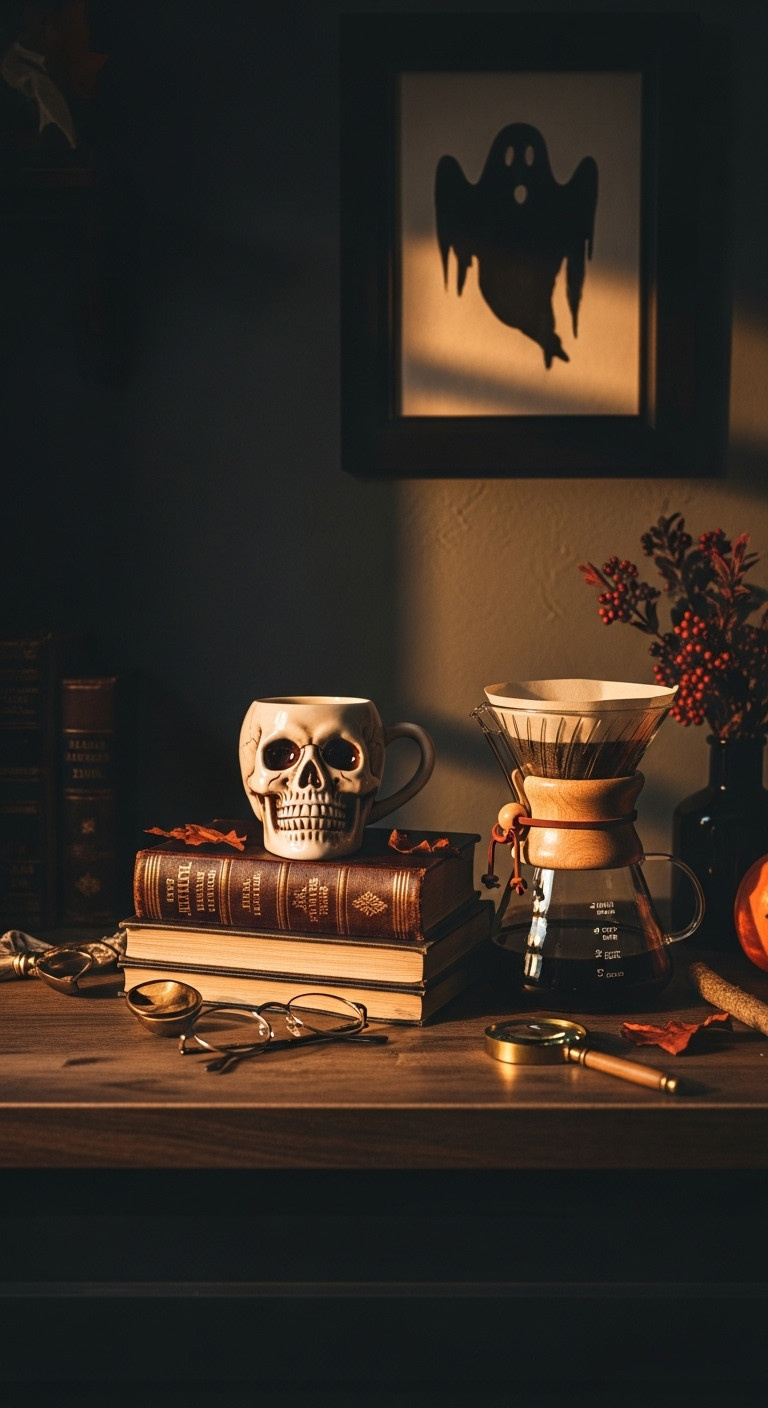 Dark academia Halloween kitchen coffee bar with leather bound books skull mug pour over coffee maker vintage glasses and magnifying glass