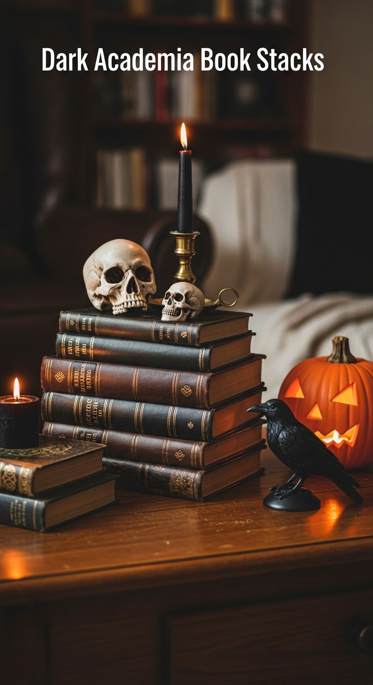 Dark academia book stack with a skull, black candle, and raven on a wooden coffee table for Halloween