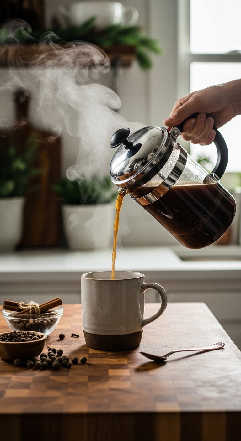 Dark aromatic spiced Christmas coffee being poured from a French press into a rustic ceramic mug on a butcher block countertop