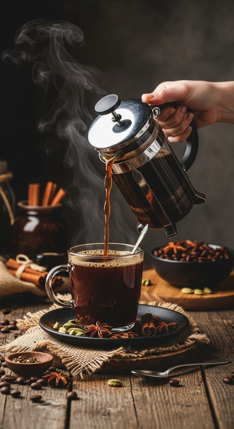 Dark aromatic winter spiced coffee poured from a French press into a rustic mug with whole spices nearby