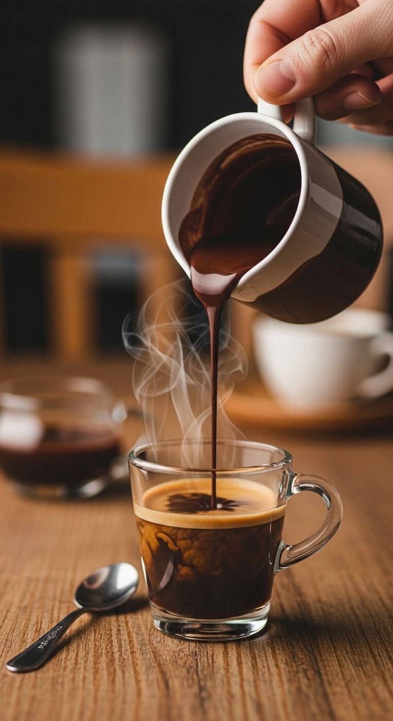 A Simple Method For The Perfect Iced Mocha Every Time 3 Dark chocolate sauce pours into hot espresso, creating swirls in a glass cup on a rustic wooden table. Delicious cafe mocha drink.