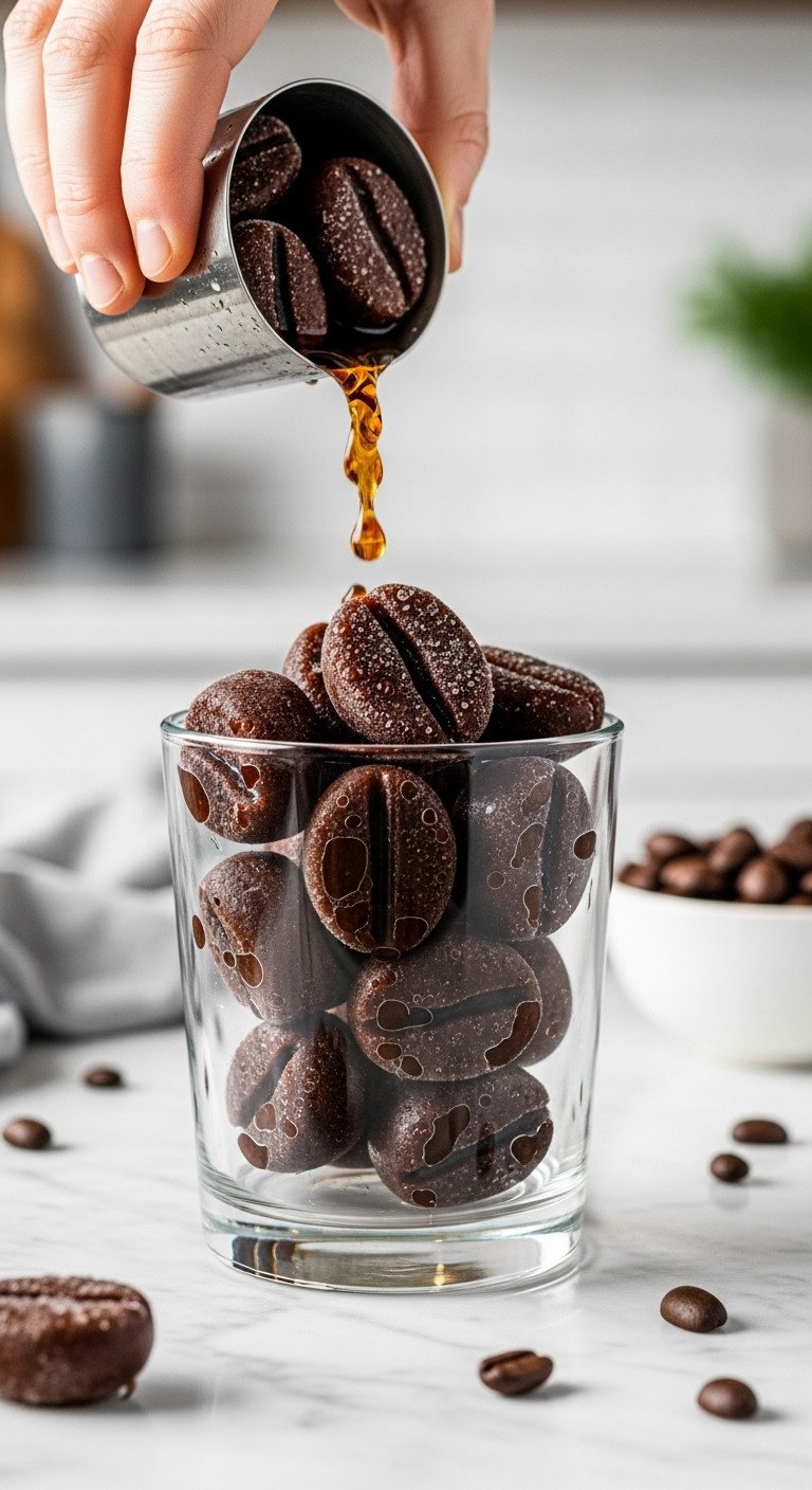 The Easiest Homemade Iced Mocha Recipe For Perfect Results 1 Dark coffee bean ice cubes with condensation in glass on white marble countertop with scattered coffee beans. Bright kitchen scene.