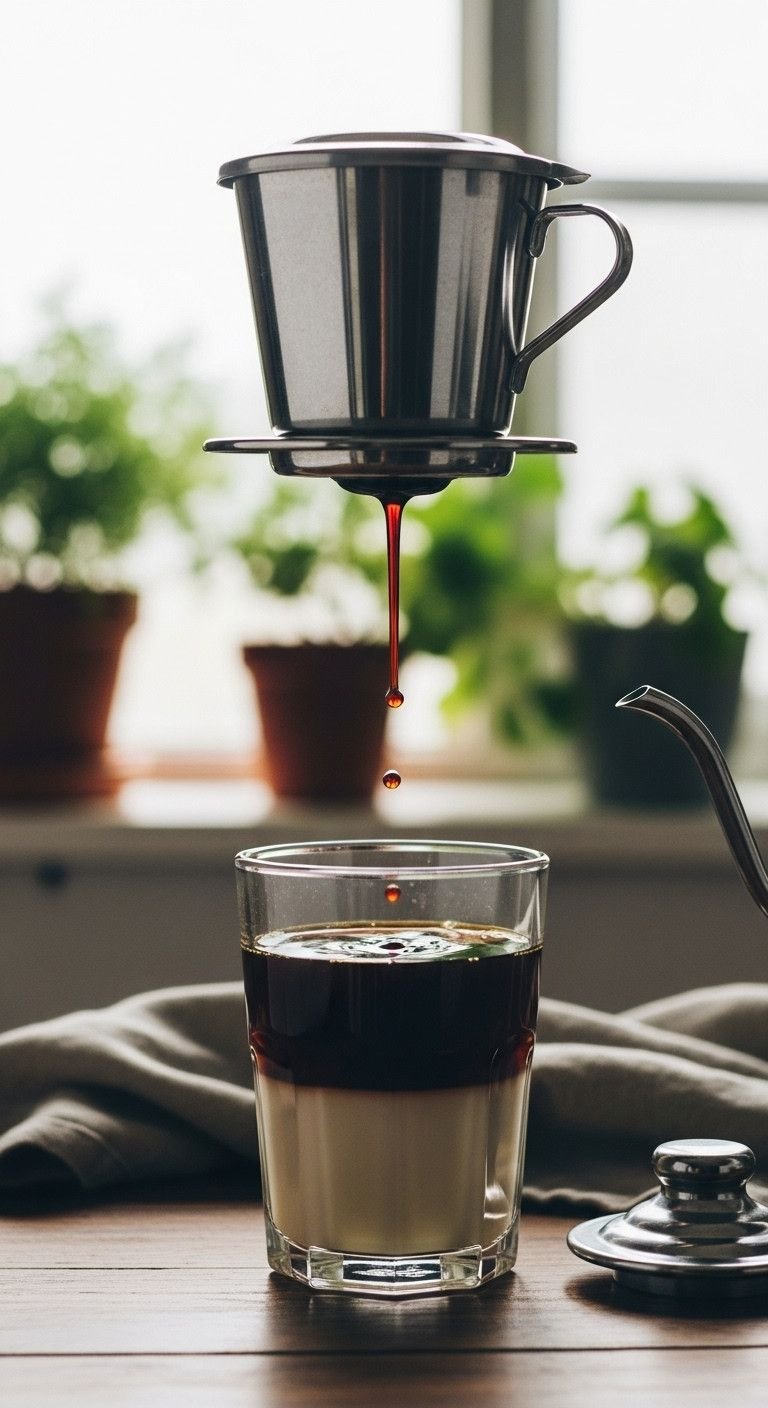 How To Make Perfect Vietnamese Iced Coffee The Authentic Way 7 Dark coffee drips from a phin filter into a glass, touching white condensed milk, on a rustic wood table. Vietnamese coffee brew.