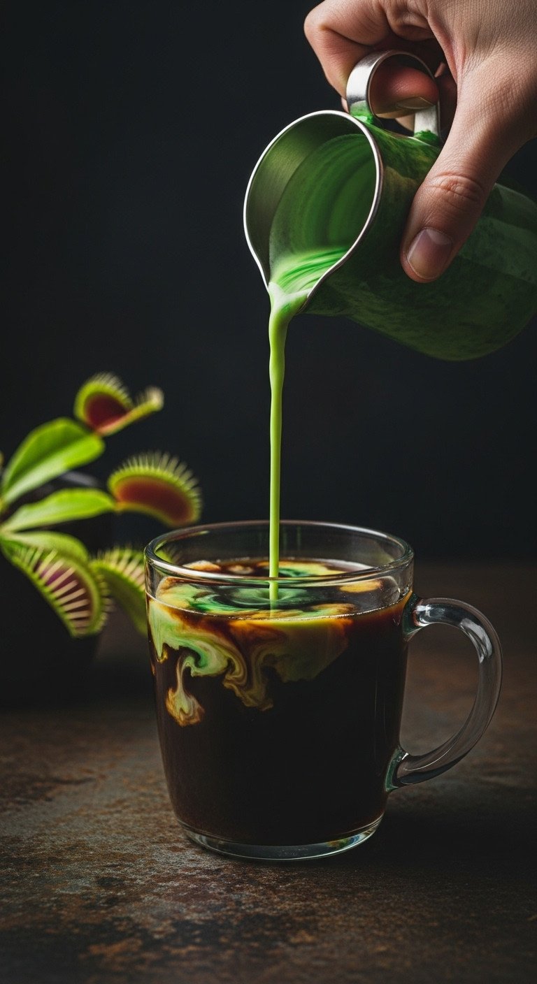 Dark coffee in a mug with vibrant swirling green creamer being poured on an industrial countertop with a blurred Venus flytrap