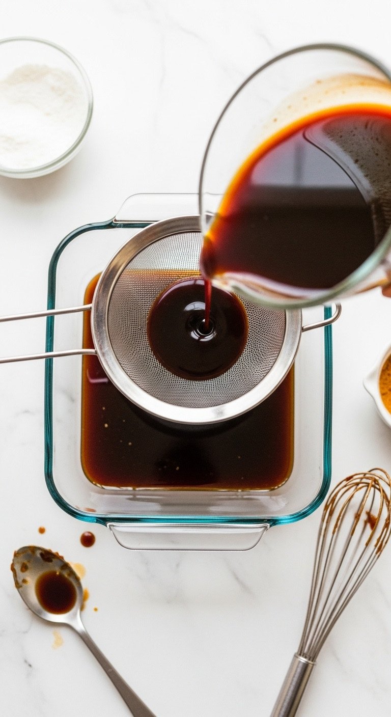 A Perfect No Fail Coffee Jelly Recipe For Beginners 7 Dark coffee jelly liquid strained through a fine-mesh sieve into a square glass baking dish on a white marble counter.