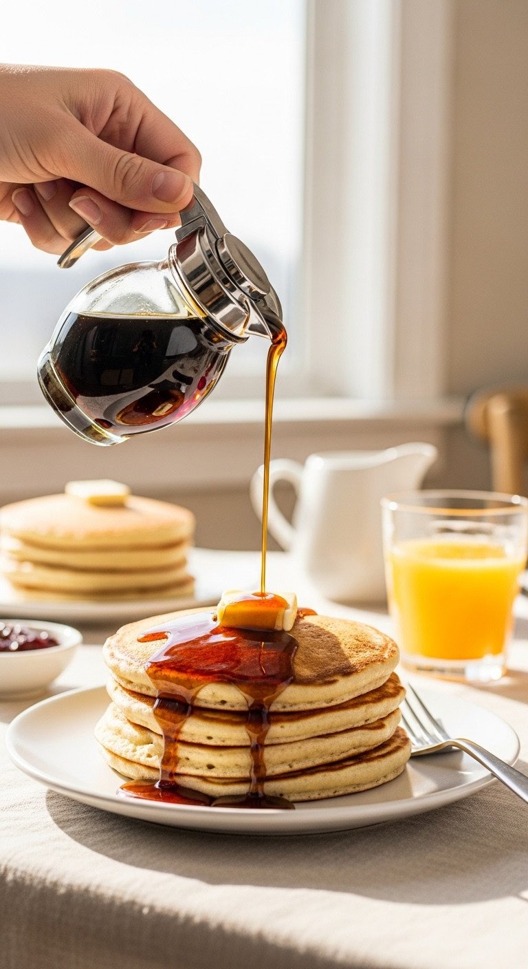 11 Brilliant Recipes For Leftover Coffee You Havent Tried 16 Dark coffee syrup pouring from a dispenser onto fluffy pancakes with butter on a white plate.