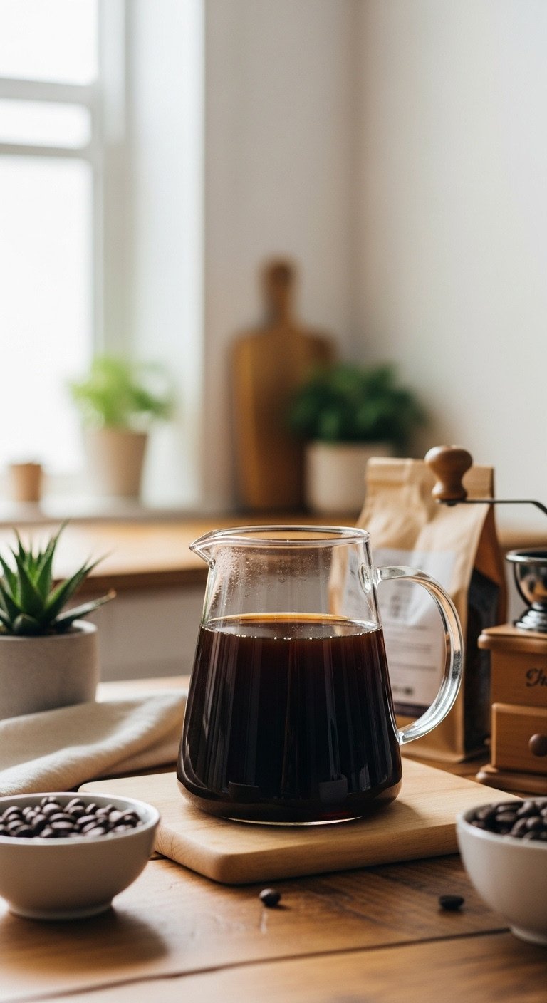 The Secret To Creamy Iced Coffee With Almond Milk That's Not Watery 3 Dark cold brew coffee concentrate in glass pitcher on rustic table. Beans, grinder for smooth, flavorful morning coffee recipe.