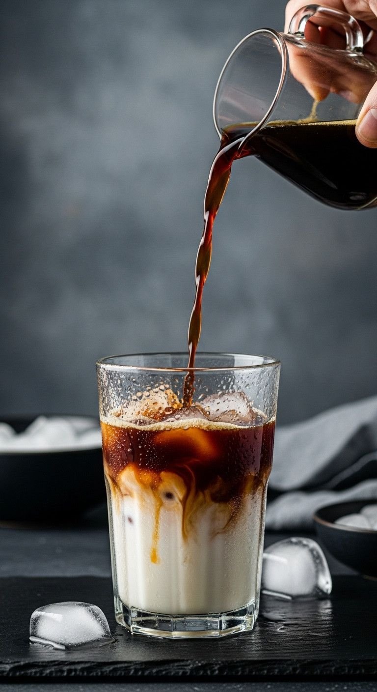 The Secret To Smooth Iced Protein Coffee That Never Clumps 7 Dark cold brew concentrate pours into milk with ice, condensation on glass. Essential for smooth, refreshing iced protein coffee.