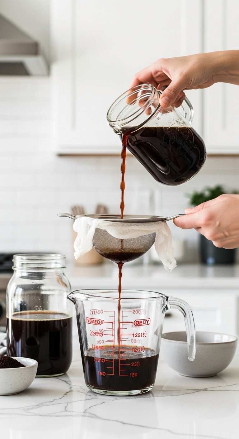 The Ultimate Mason Jar Cold Brew Guide To Avoid Mistakes 9 Dark cold brew slowly strained from a mason jar through cheesecloth into a glass measuring cup on a white quartz counter.