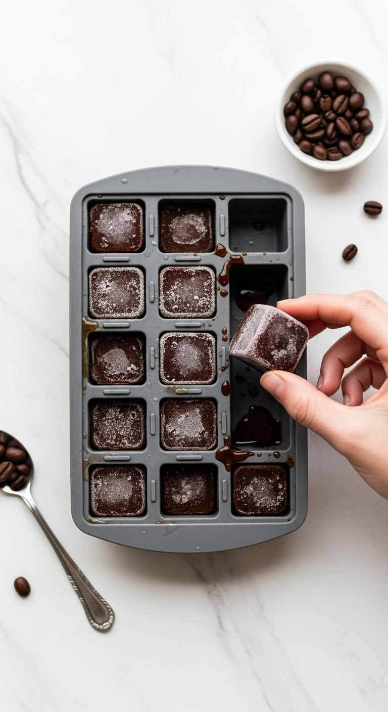 Dark frozen coffee cubes in a gray silicone tray on a white marble countertop with scattered coffee beans and a silver spoon