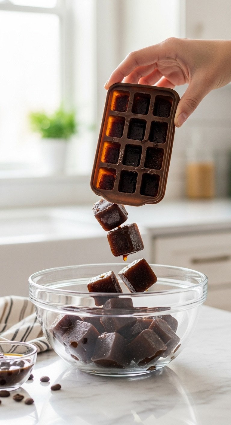 Dark frozen coffee ice cubes tumbling from a silicone tray into a clear glass bowl on a bright marble kitchen countertop.
