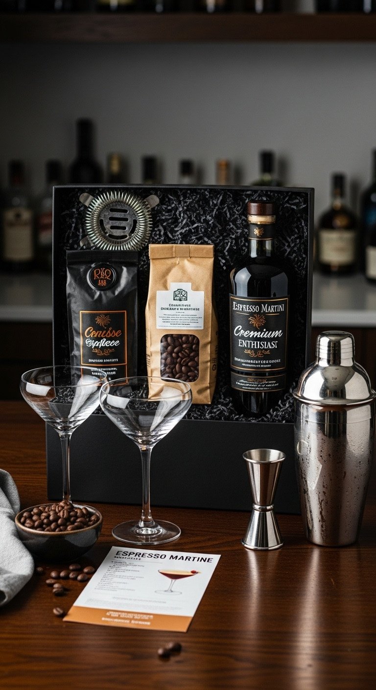 Dark gift box with coffee liqueur espresso beans martini glasses cocktail shaker and jigger on a dark wood surface