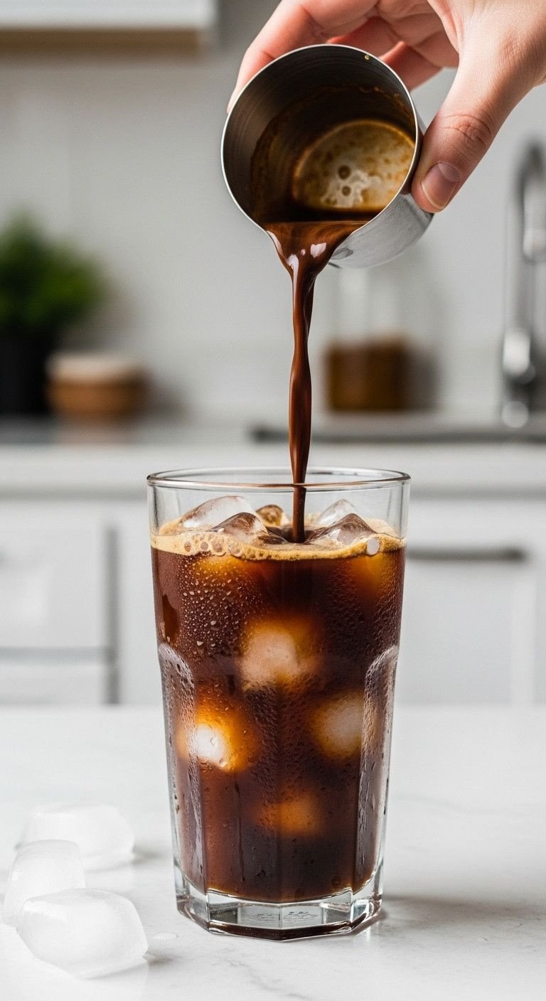 A Simple Method For The Perfect Iced Mocha Every Time 7 Dark mocha base cascades over clear ice cubes in a tall glass from a small cup. Refreshing iced coffee drink with condensation.