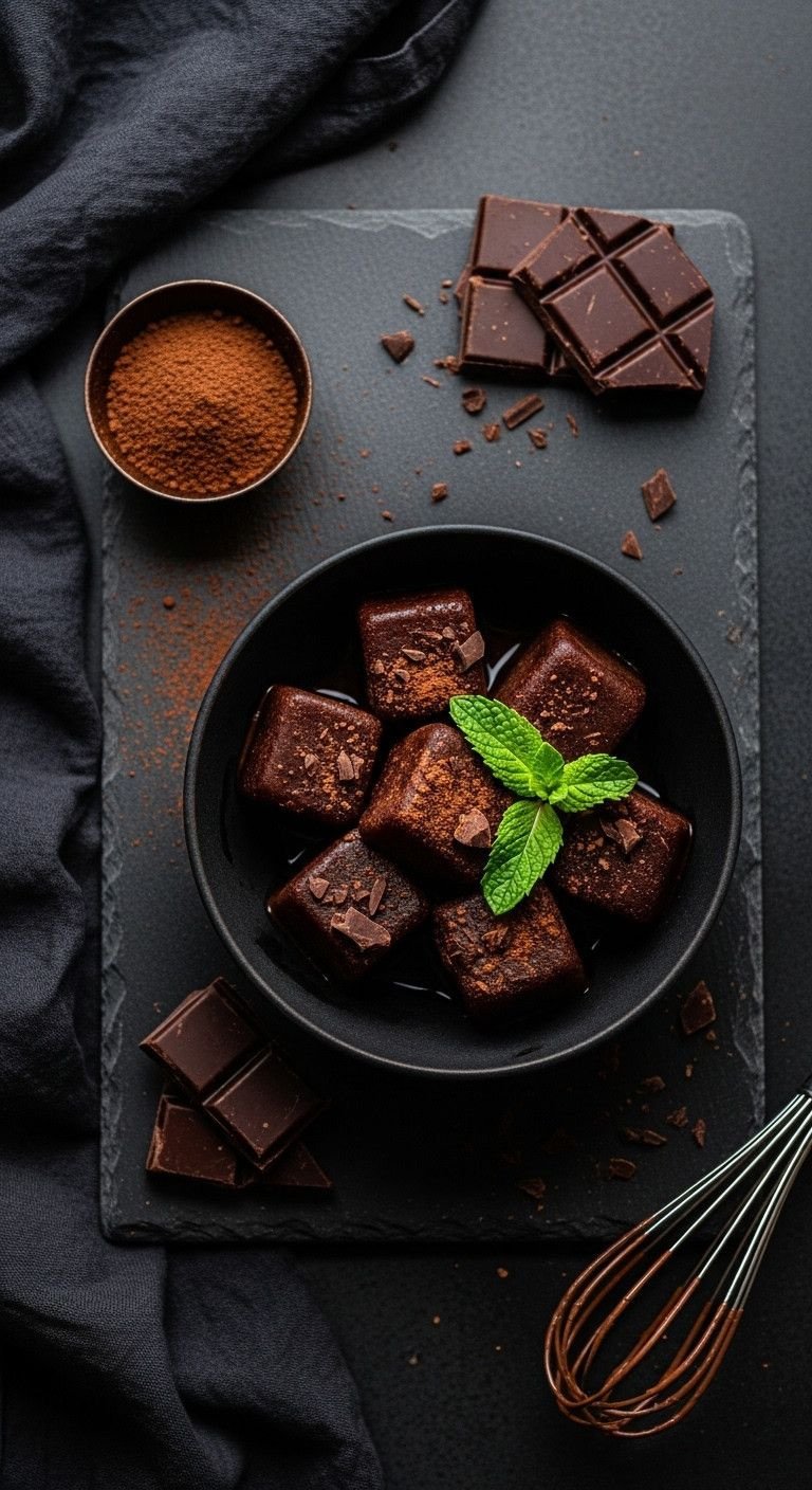 Genius Coffee Ice Cubes for Never Watery Iced Coffee 7 Dark mocha coffee ice cubes in a bowl with cocoa powder, dark chocolate squares, and a whisk on a slate surface. Sophisticated.