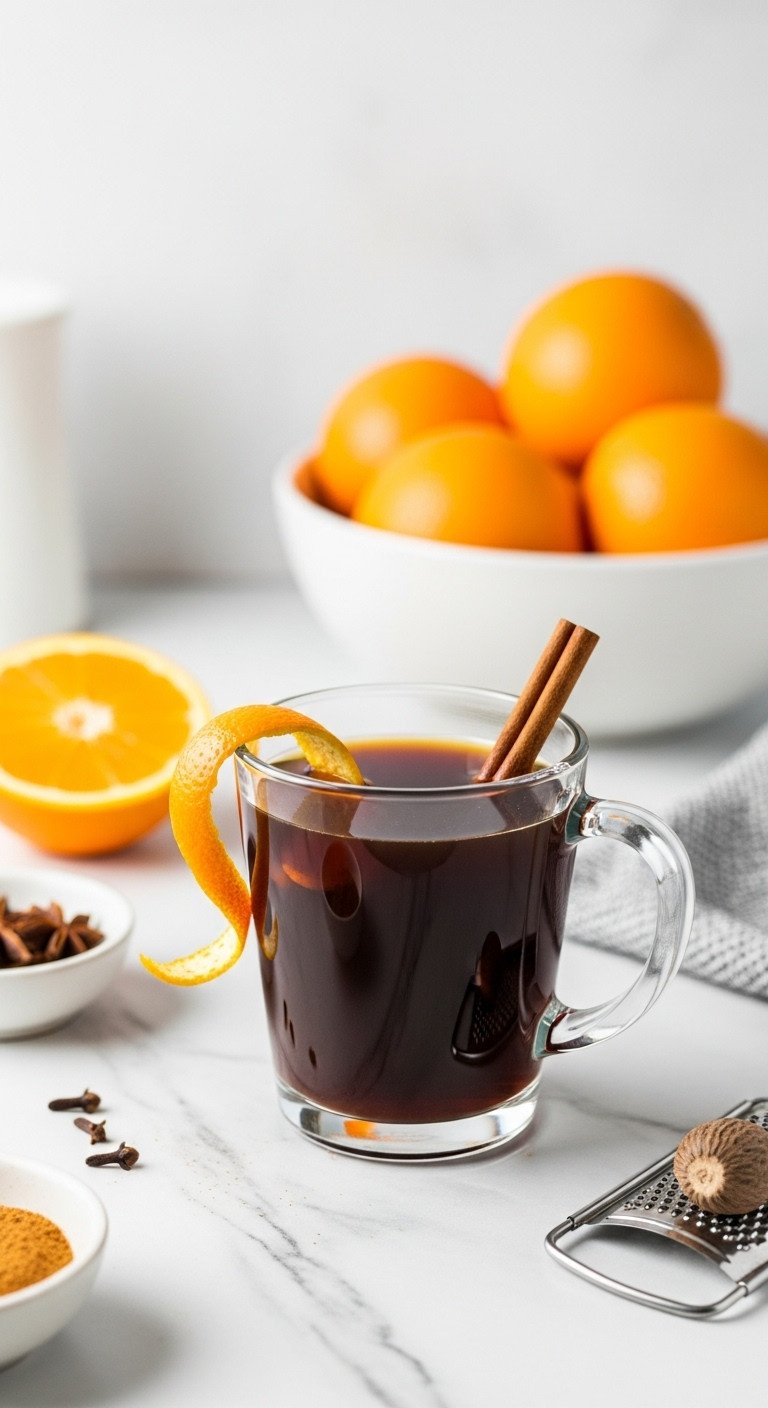 Dark orange coffee in a clear glass mug with an orange peel twist and cinnamon stick on white marble