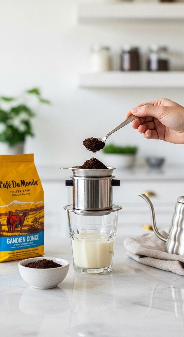 How To Make Perfect Vietnamese Iced Coffee The Authentic Way 3 Dark roast coffee grounds fill a stainless Vietnamese phin filter above condensed milk on a white marble counter for coffee preparation.