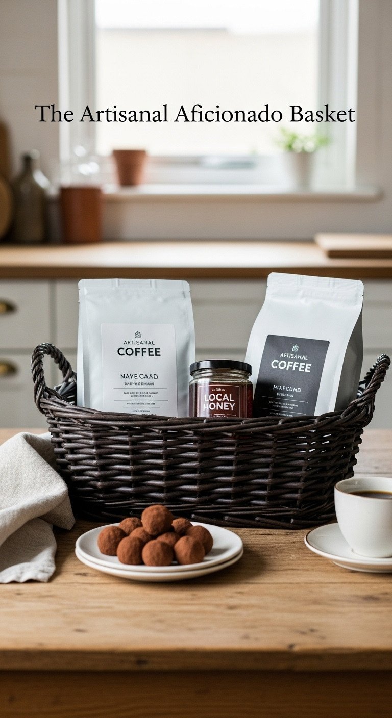 Dark wicker basket with minimalist coffee packaging local honey jar and dark chocolate truffles on a rustic wooden table