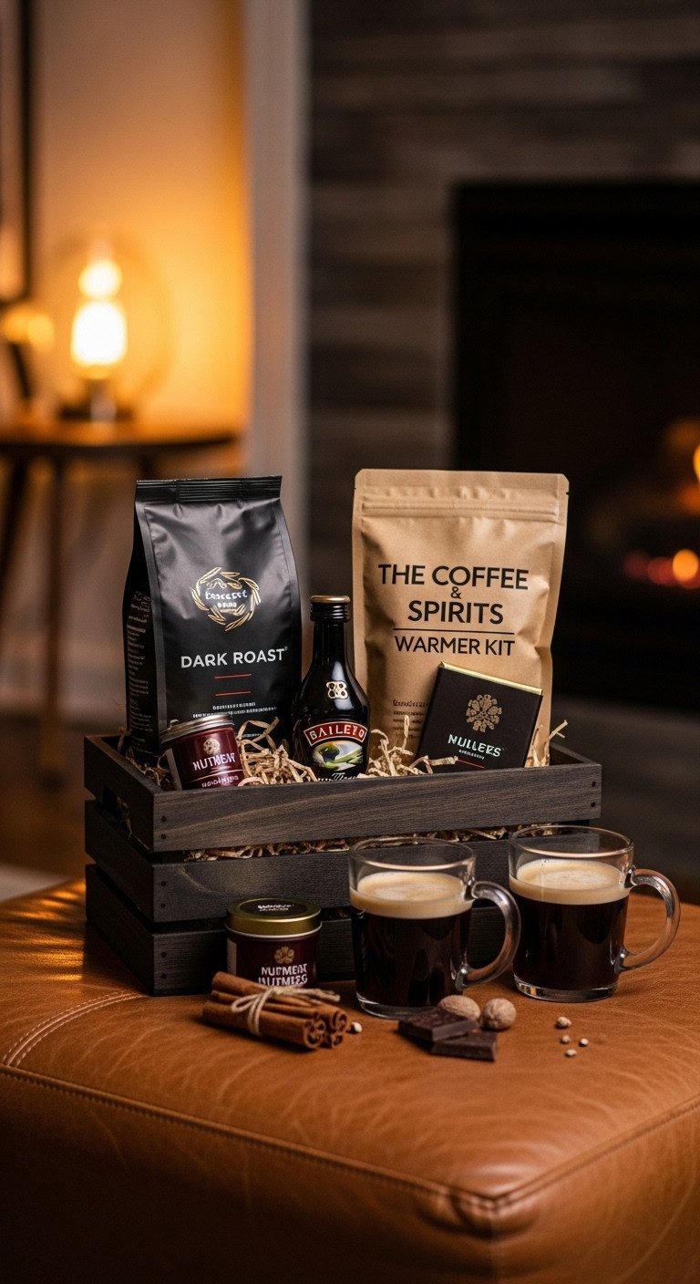 Dark wood crate with coffee, Baileys, Irish coffee mugs, and nutmeg on leather ottoman with blurred fireplace