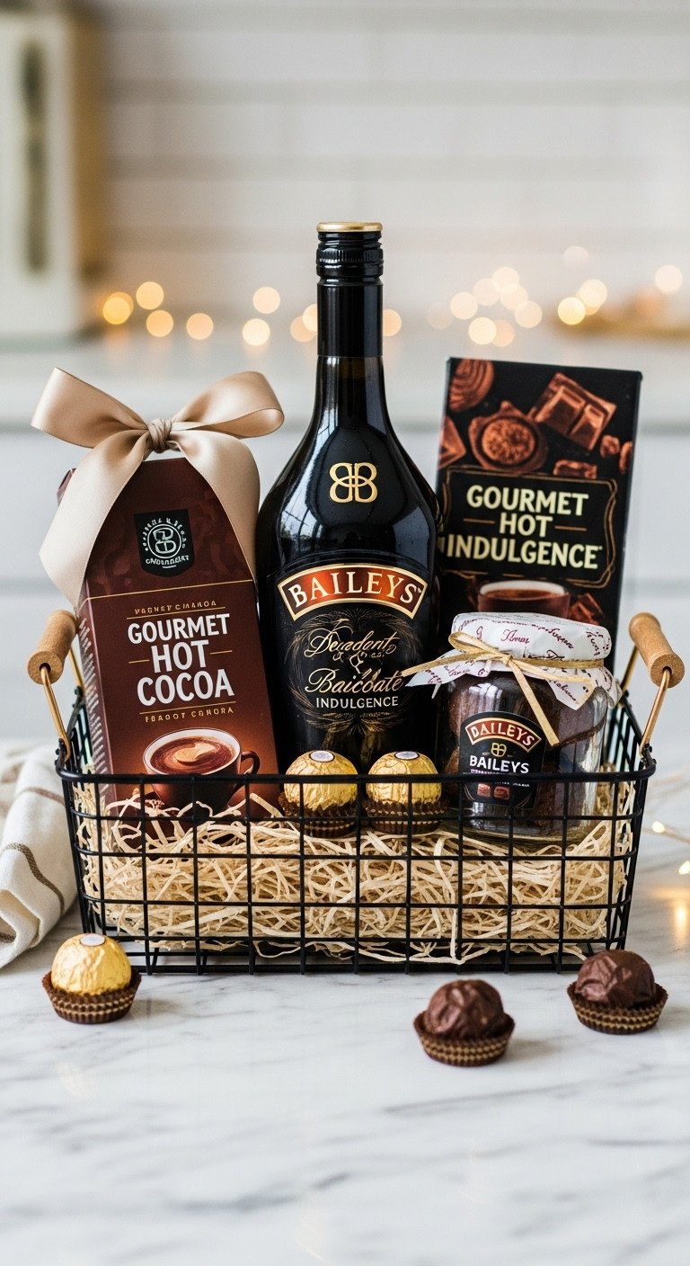 Decadent Baileys and Chocolate Indulgence Basket with hot cocoa dark chocolate truffles in a black wire basket on a marble countertop