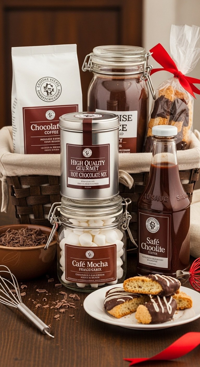 Decadent Cafe Mocha themed gift basket with chocolate flavored coffee hot chocolate mix marshmallows chocolate sauce and biscotti
