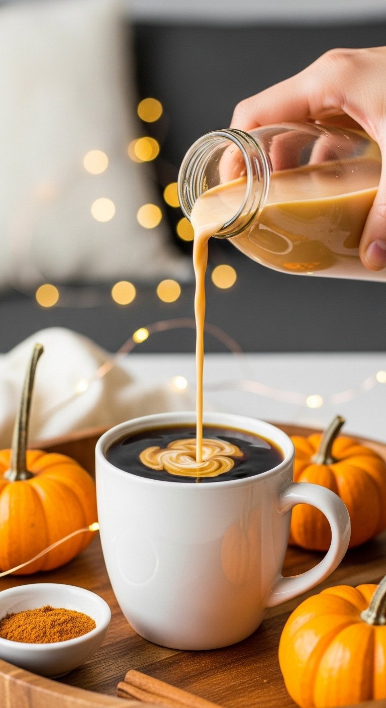 9 Delicious Pumpkin Coffee Ideas Beyond Basic Lattes 5 Decadent Homemade Pumpkin Spice Creamer being poured into coffee mug with pumpkin pie spice and mini pumpkins on a wooden tray