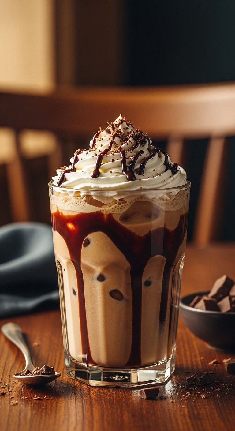 7 Iced Espresso Recipes That Taste Better Than A Cafe 7 Decadent Iced Mocha with chocolate drizzle, creamy coffee, whipped cream, shavings. Dark wood, cozy cafe. Indulgent drink.
