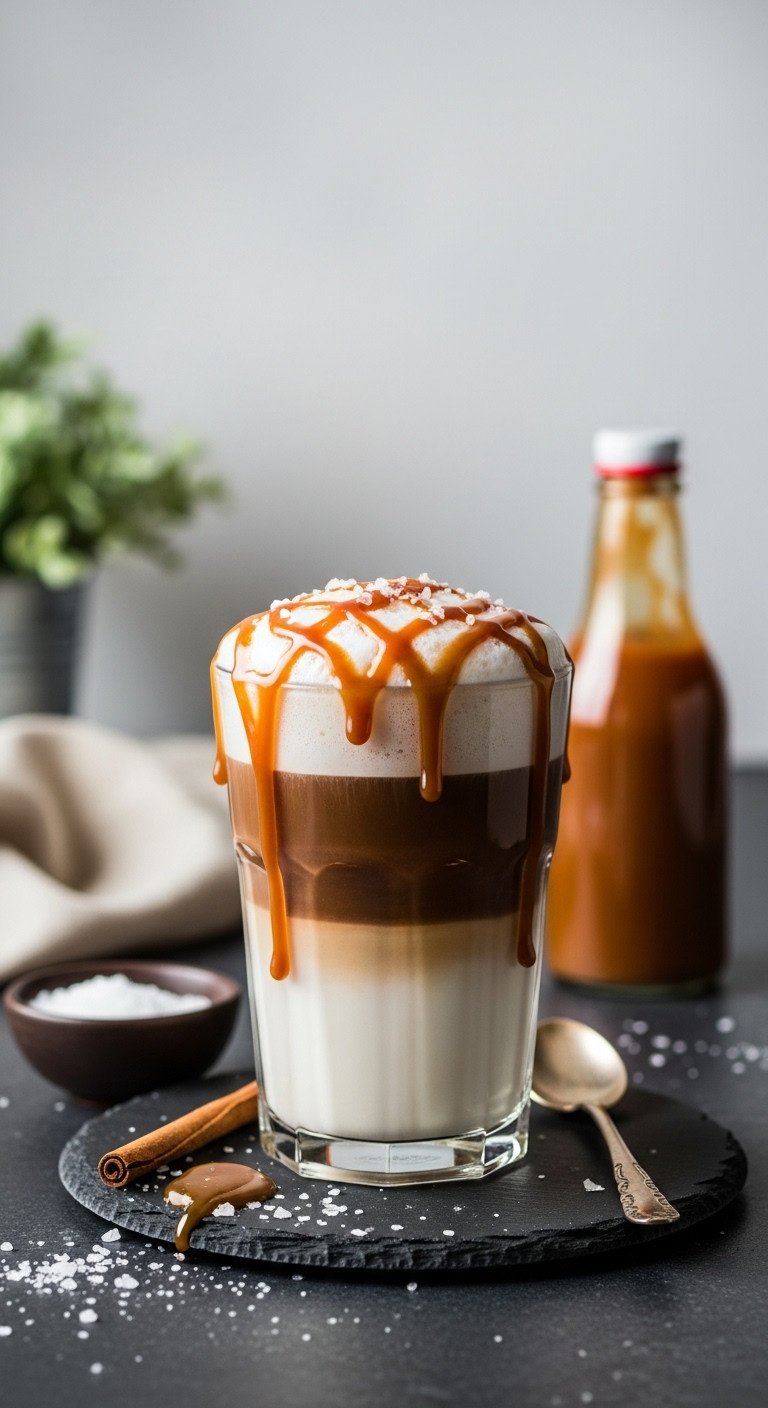 Decadent Salted Caramel Mocha in a tall glass drizzled with caramel sauce and sea salt on a dark slate surface