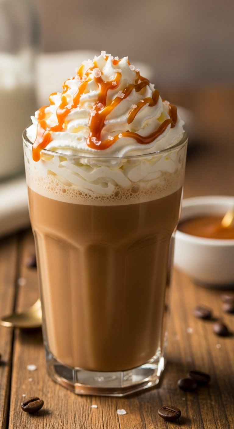 Decadent Salted Caramel Mocha in a tall glass with whipped cream caramel drizzle and sea salt on a rustic wooden table
