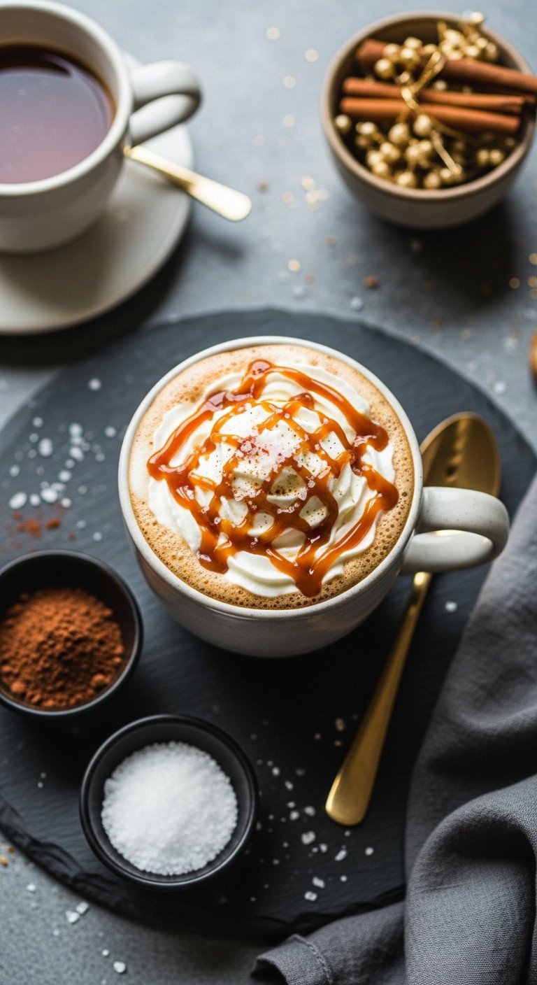 Decadent Salted Caramel Mocha with whipped cream caramel and sea salt on a dark slate surface with minimalist gold decor