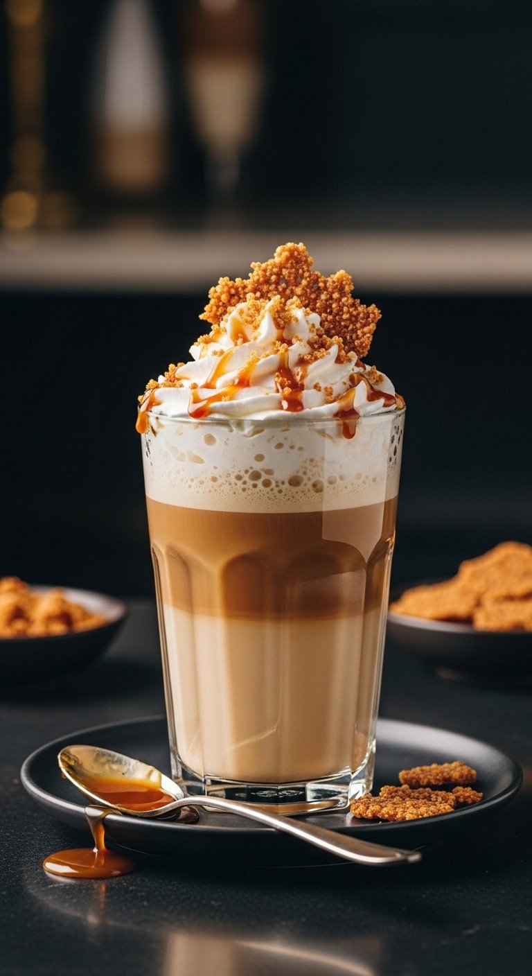Decadent caramel brulée latte in a tall glass with whipped cream and caramelized sugar topping on a dark reflective surface