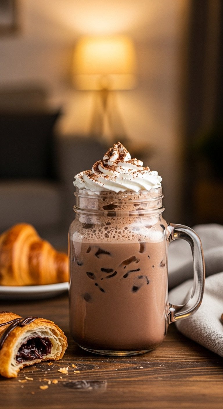The Perfect Iced Coffee Recipe That Never Gets Watery 5 Decadent iced mocha in a mason jar with whipped cream, cocoa dusting, chocolate croissant on rustic wooden table.