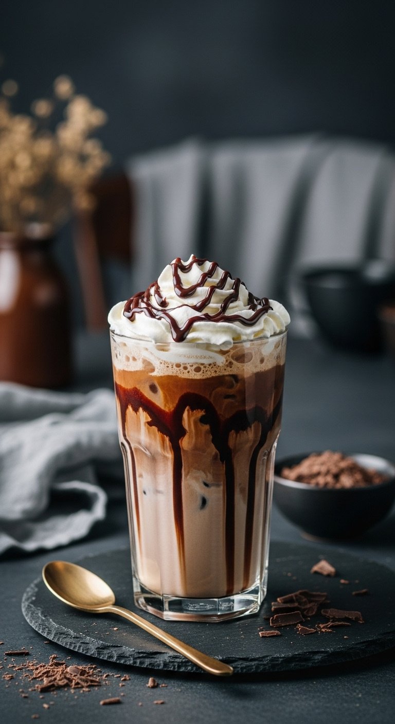 Perfect Cold Brew At Home With 7 Iced Coffee Recipes 6 Decadent iced mocha with whipped cream, chocolate drizzle, and ice in a fountain glass on dark slate with chocolate shavings.