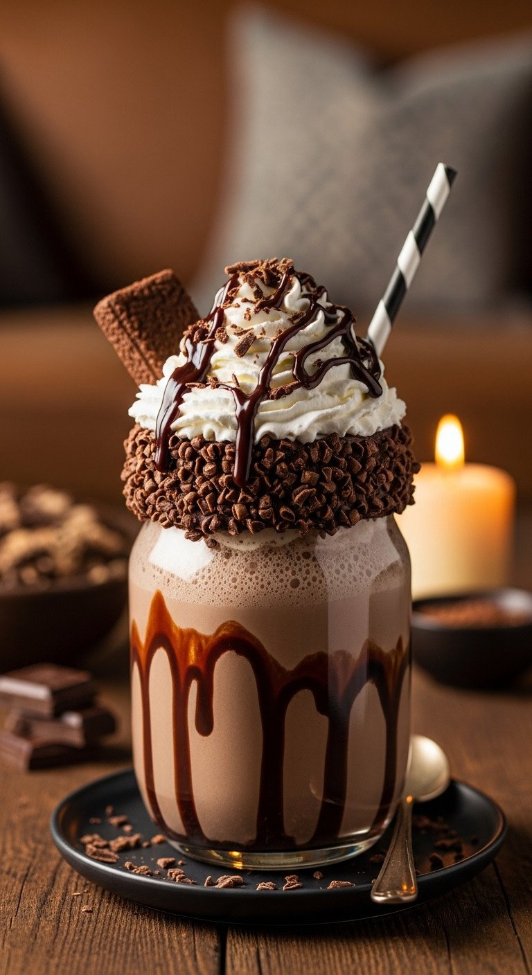 Make Rich And Creamy Cold Coffee With Ice Cream At Home 5 Decadent mocha coffee shake in a large glass with overflowing whipped cream, chocolate sauce, shavings, dark chocolate, candle. Recipe.