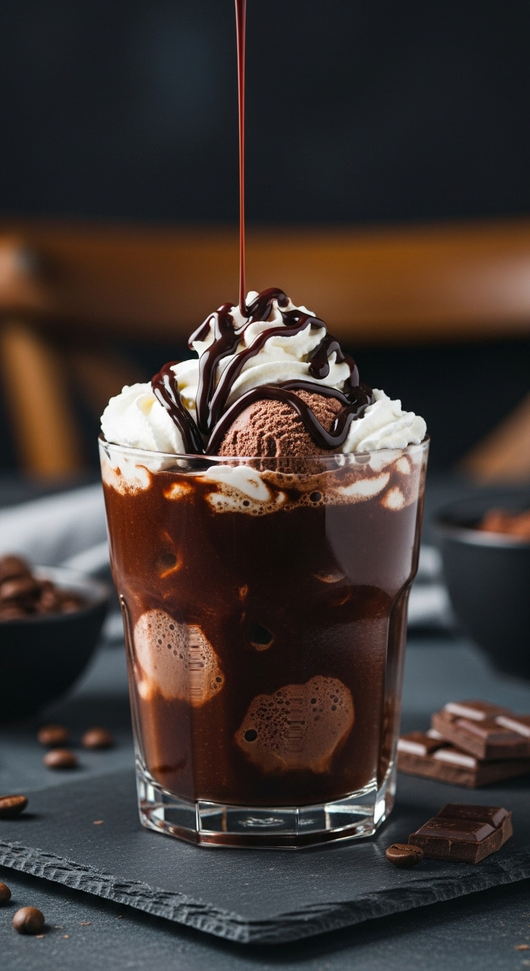 Decadent mocha punch glass with chocolate syrup drizzle whipped cream chocolate ice cream coffee beans and dark chocolate on a slate surface