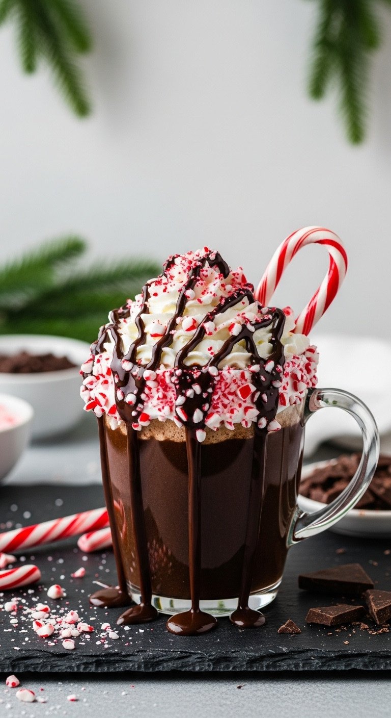 Decadent peppermint mocha in a festive mug with whipped cream, chocolate, and crushed candy canes on dark slate