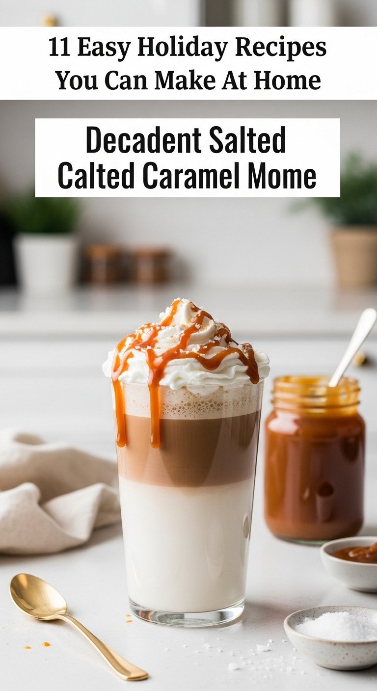 Decadent salted caramel mocha in a tall glass with whipped cream, caramel, and sea salt on a sleek countertop