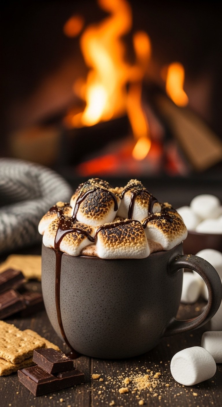 Decadent s'mores mocha in a rustic mug with toasted marshmallows, chocolate drizzle, and graham cracker crumbs