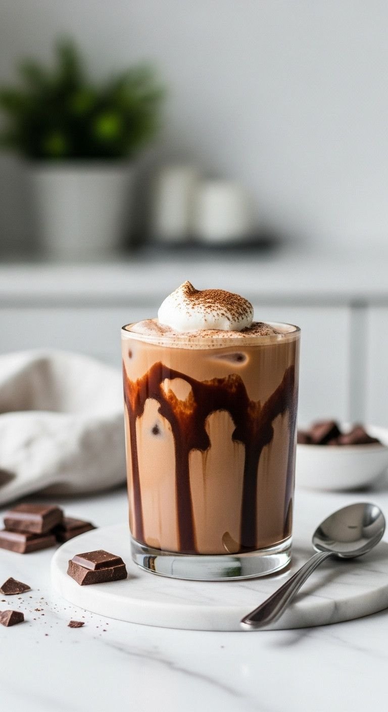 7 Brilliant Sugar Free Iced Coffee Recipes At Home 3 Decadent sugar-free iced mocha in a clear glass, chocolate drizzle, whipped cream, cocoa, dark chocolate on white marble.
