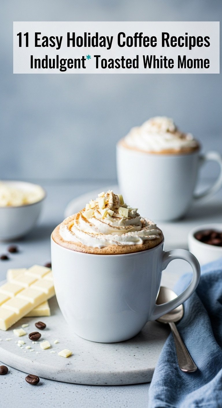 Decadent toasted white mocha in an elegant white mug with whipped cream and white chocolate shavings on gray stone