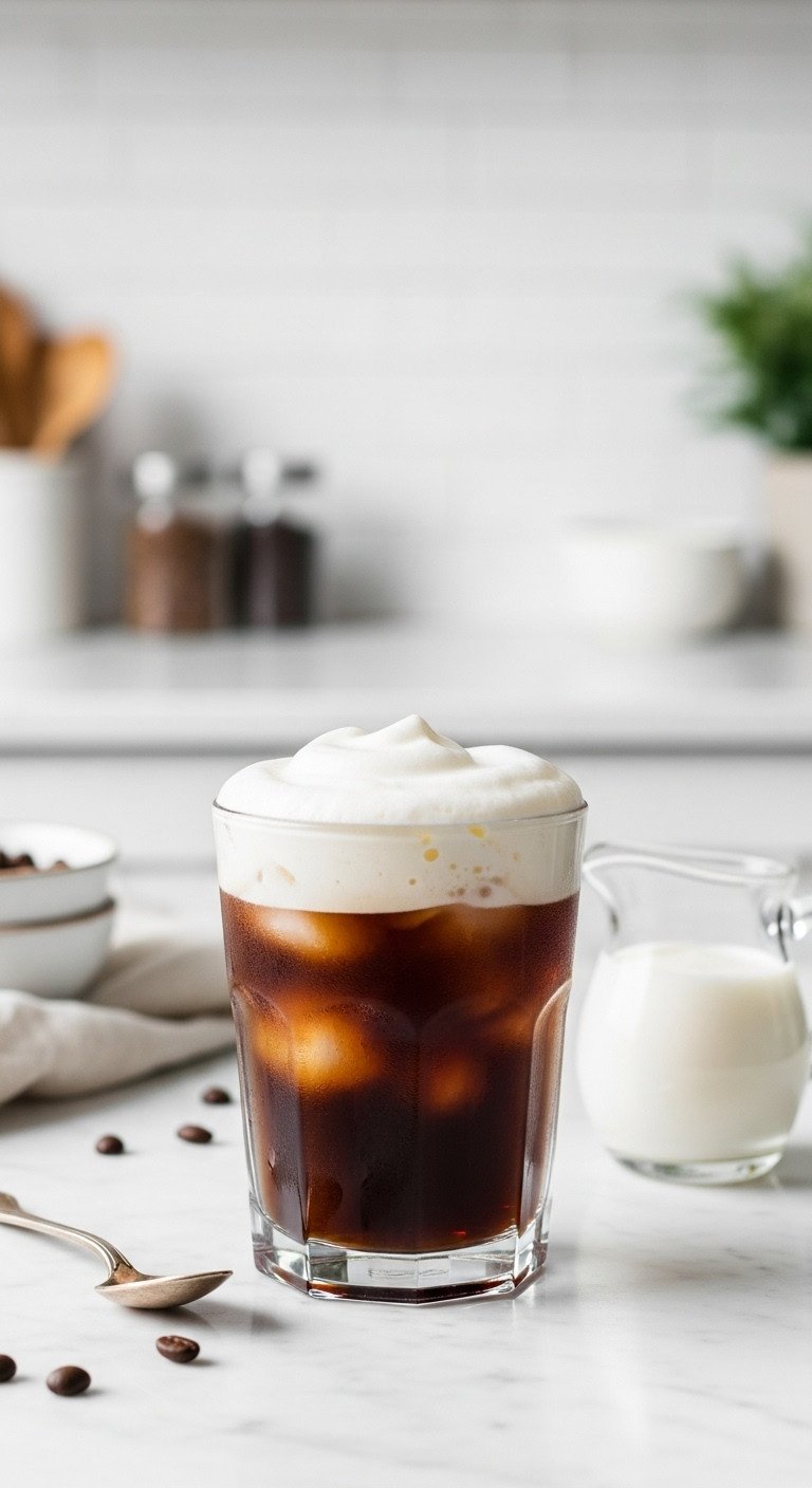 The Foolproof Cold Brew Coffee Recipe For Perfect Results 5 Decadent vanilla sweet cream cold brew on ice with thick foam, extra cream, and scattered coffee beans on white marble.