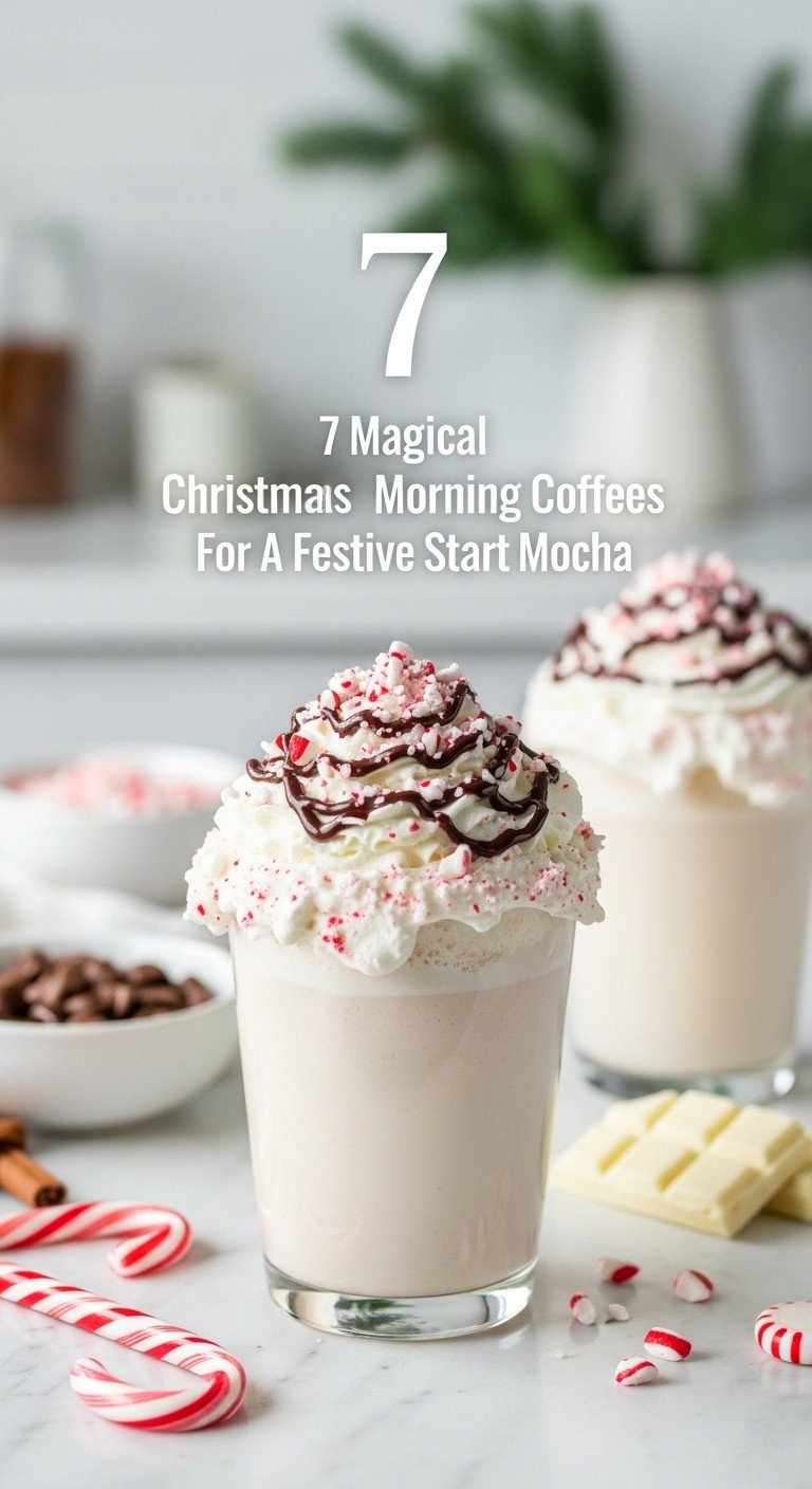 Decadent white chocolate peppermint mocha with whipped cream chocolate sauce and crushed peppermints on a marble countertop