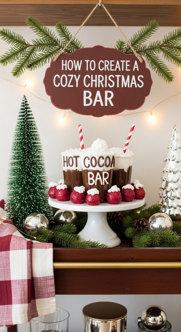 Decorated hot chocolate bar with a 'Hot Cocoa Bar' sign miniature frosted Christmas tree and evergreen clippings on a dark wood cart