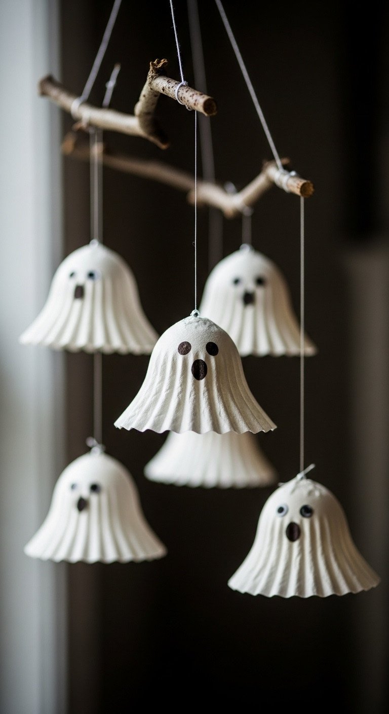 Delicate 3D stiffened coffee filter ghosts hanging by fishing line from a natural tree branch