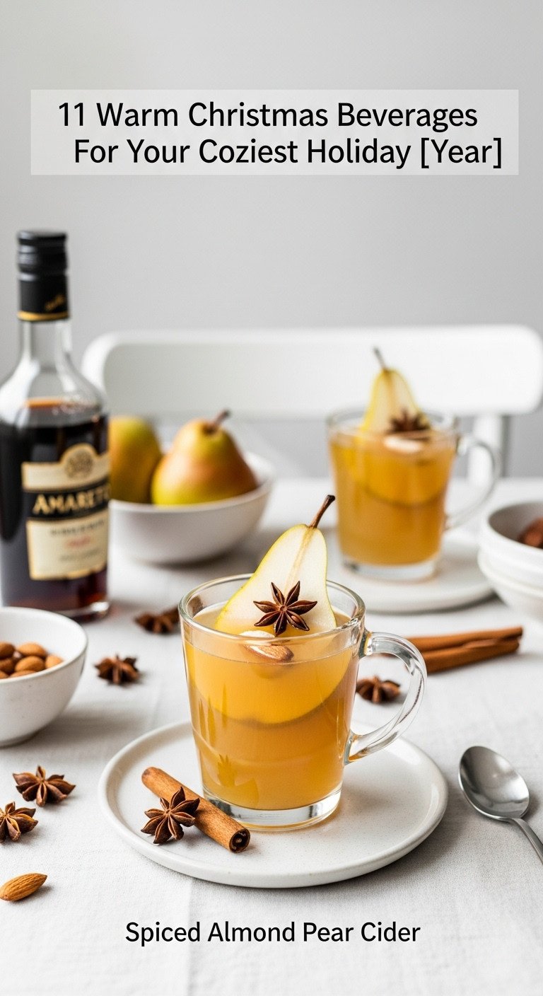 Delicate glass mug of Spiced Almond Pear Cider with pear slice and star anise on a white linen tablecloth