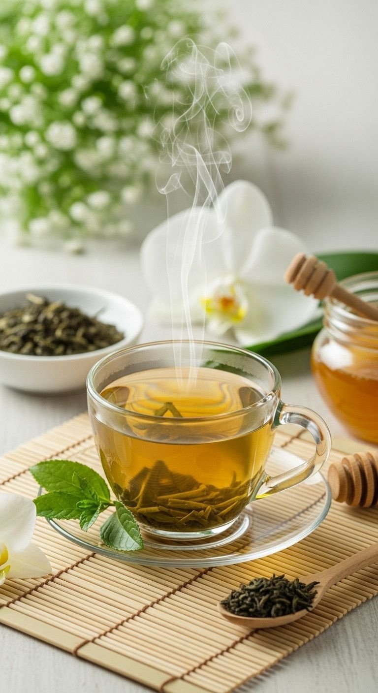 13 Genius Ninja Coffee Recipes For Hot Cold Brew And Tea 23 Delicate hot green tea with steam, loose leaves, honey pot on bamboo mat. Serene healthy tea recipe.