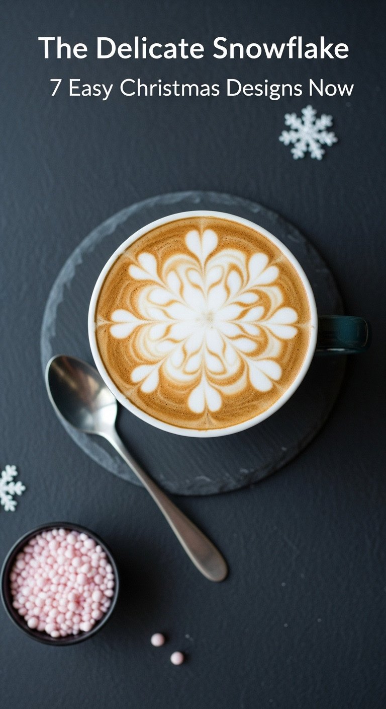 Delicate snowflake latte art in a dark mug on a slate coaster with silver pearls. Elegant winter coffee.