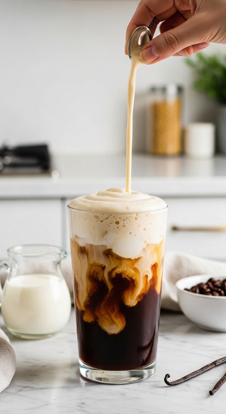 7 Easy Cold Foam Recipes With Or Without A Frother 1 Delicious iced coffee with velvety vanilla sweet cream cold foam cascading into dark cold brew, professional lifestyle recipe on marble counter.