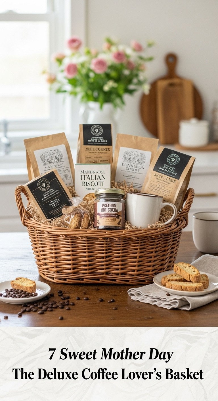 Deluxe coffee lover's Mother's Day gift basket with gourmet coffee beans biscotti hot cocoa and ceramic mug on a wooden table