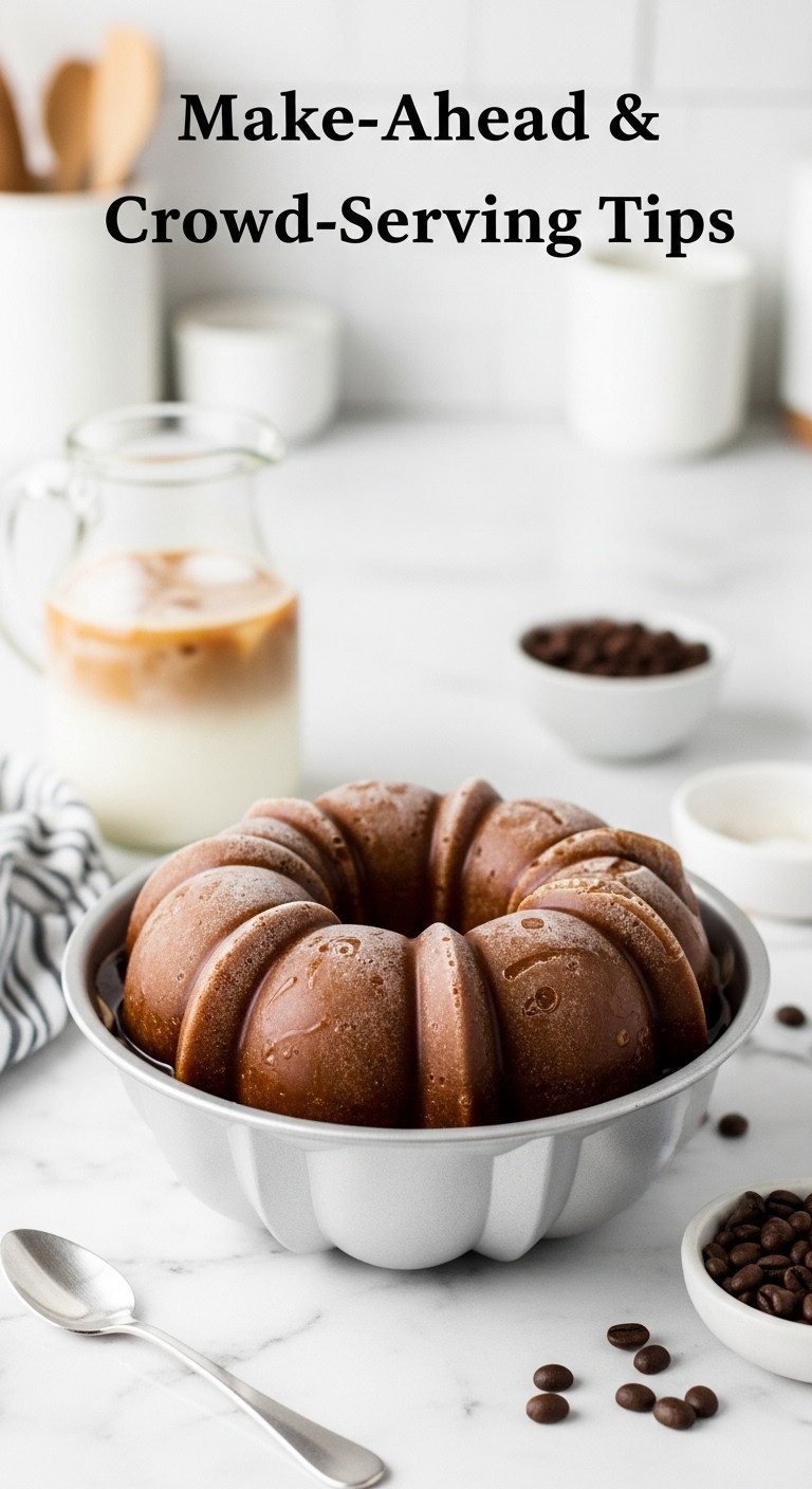 Detailed coffee ice ring in a Bundt pan on a white marble countertop with pitcher and coffee beans for a crowd-serving tip